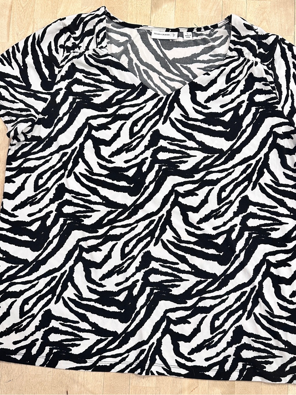 Susan Graver Black & White Zebra-Print V-Neck Short Sleeve Top